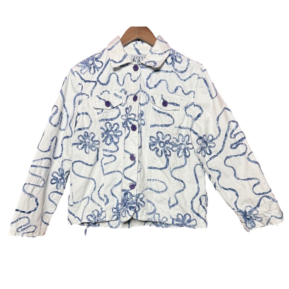 Keren Hart Women XL White Blue Floral Embroidered Cotton Denim Jacket Artsy